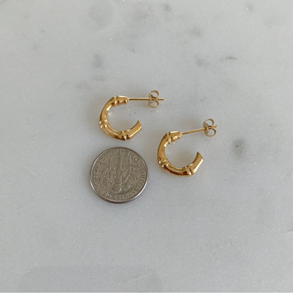 Bamboo earrings, gold bamboo hoops, mini hoops earrings, bamboo joint earrings - Picture 4 of 5